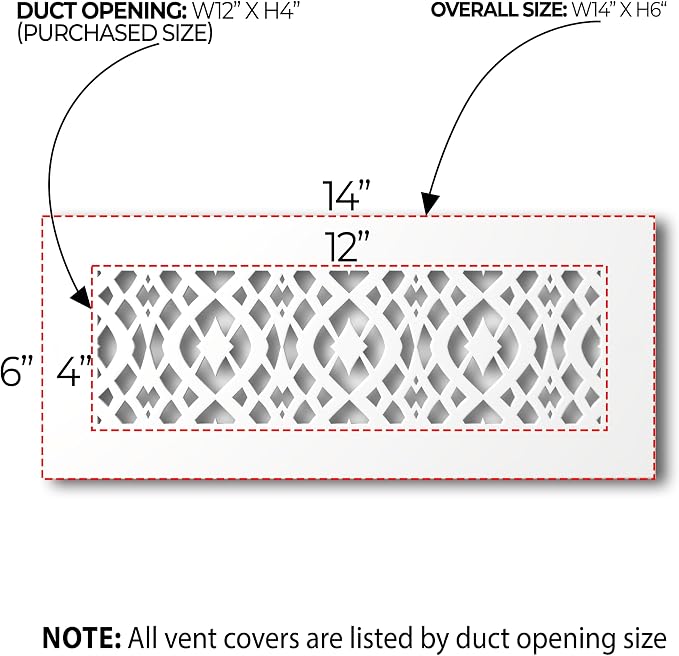 Air Vent Cover Grille - Acrylic Fiberglass 4" x 12" Duct Opening (6" x 14" Overall) White Finish Decorative, alternate view 2