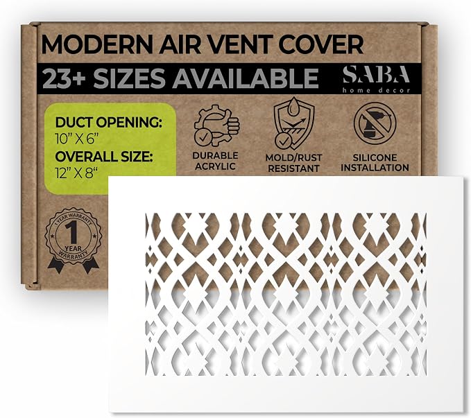 Air Vent Cover Grille - Acrylic Fiberglass 6 x 10 Duct Opening (8 x 12 Overall) White Finish Decorative Register