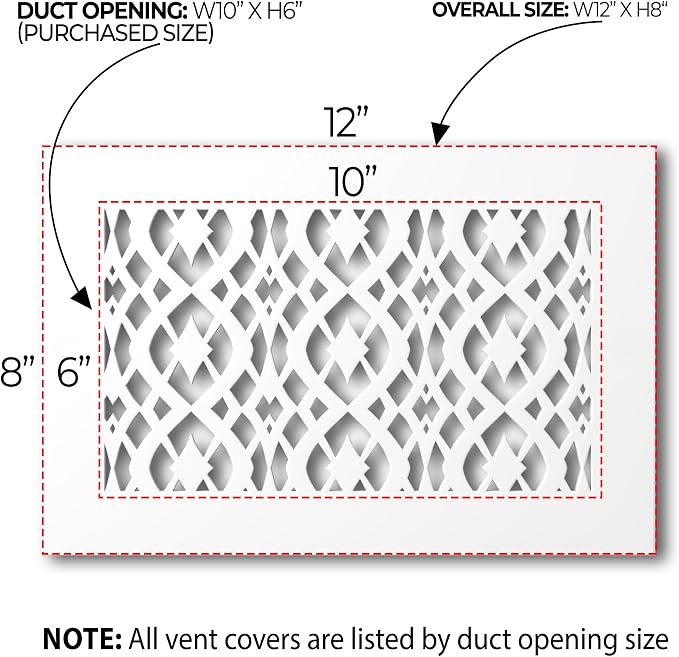 Air Vent Cover Grille - Acrylic Fiberglass 6 x 10 Duct Opening (8 x 12 Overall) White Finish Decorative Register, alternate