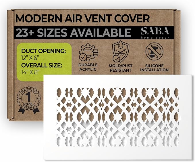 Air Vent Cover Grille - Acrylic Fiberglass 6 x 12 Duct Opening (8 x 14 Overall) White Finish Decorative Register