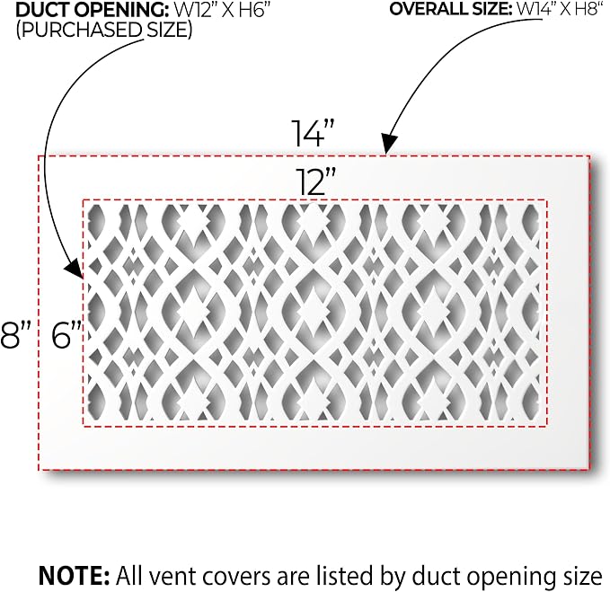 Air Vent Cover Grille - Acrylic Fiberglass 6 x 12 Duct Opening (8 x 14 Overall) White Finish Decorative Register, alternate