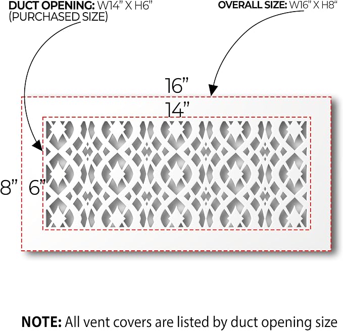 Air Vent Cover Grille - Acrylic Fiberglass 6 x 14 Duct Opening (8 x 16 Overall) White Finish Decorative Register, alternate