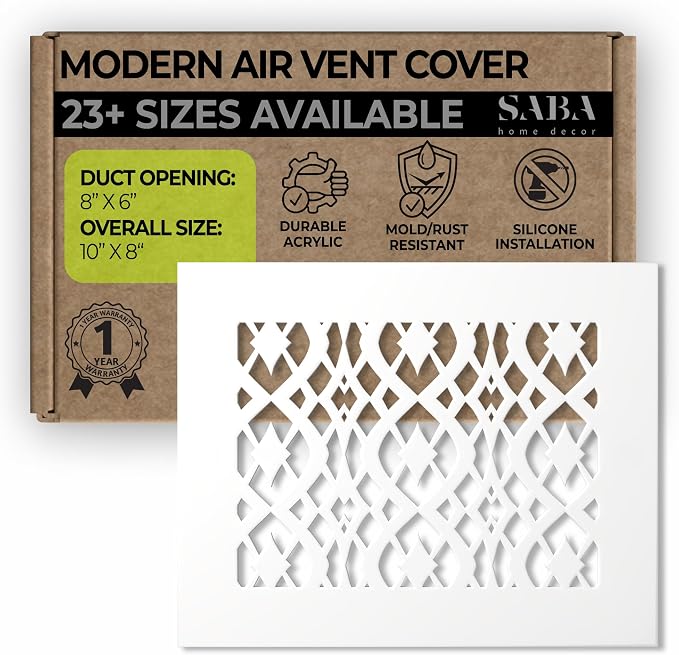 Air Vent Cover Grille - Acrylic Fiberglass 6" x 8" Duct Opening (8" x 10" Overall) White Finish Decorative