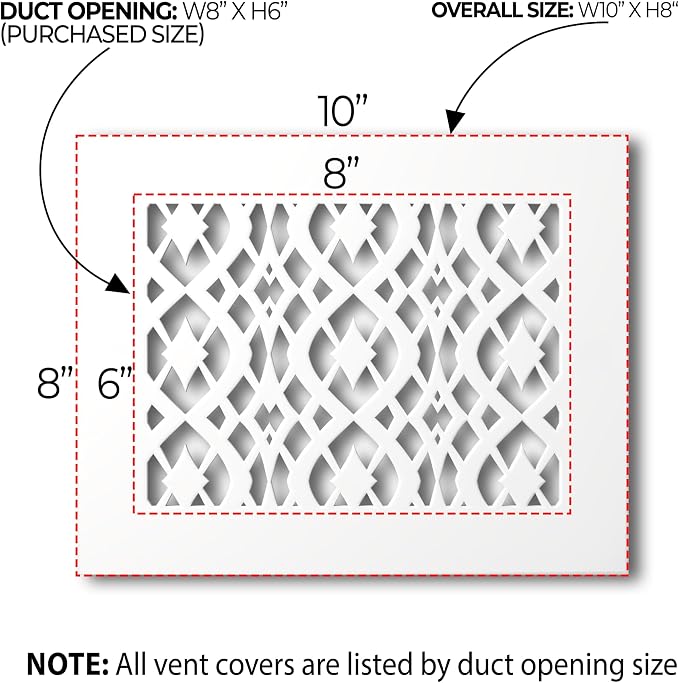 Air Vent Cover Grille - Acrylic Fiberglass 6" x 8" Duct Opening (8" x 10" Overall) White Finish Decorative, alternate view 2