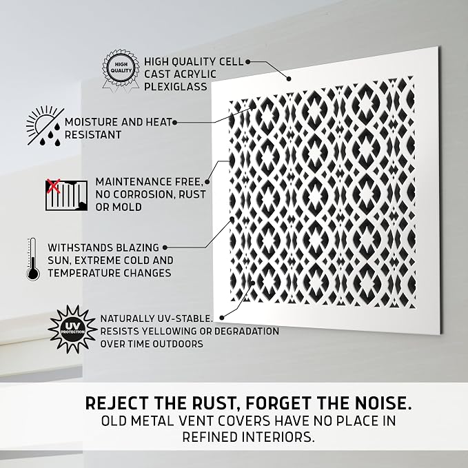 Air Vent Cover Grille - Acrylic Fiberglass 6" x 8" Duct Opening (8" x 10" Overall) White Finish Decorative, alternate view 3