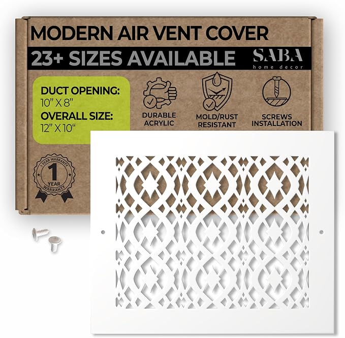 Air Vent Cover Grille - Acrylic Fiberglass 8" x 10" Duct Opening (10" x 12" Overall) Decorative Register Covers