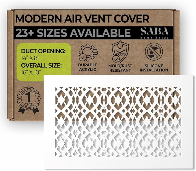 Air Vent Cover Grille - Acrylic Fiberglass 8" x 14" Duct Opening (10" x 16" Overall) White Finish Decorative