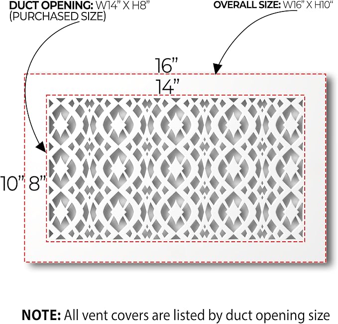Air Vent Cover Grille - Acrylic Fiberglass 8" x 14" Duct Opening (10" x 16" Overall) White Finish Decorative, alternate view
