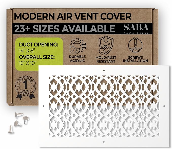 Air Vent Cover Grille - Acrylic Fiberglass 8" x 14" Duct Opening (10" x 16" Overall) Decorative Register Covers