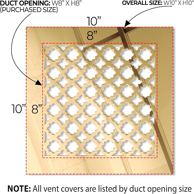 Air Vent Cover Grille - Acrylic Fiberglass 8 x 8 Duct Opening (10 x 10 Overall) Gold Mirror Finish Return Register Covers for