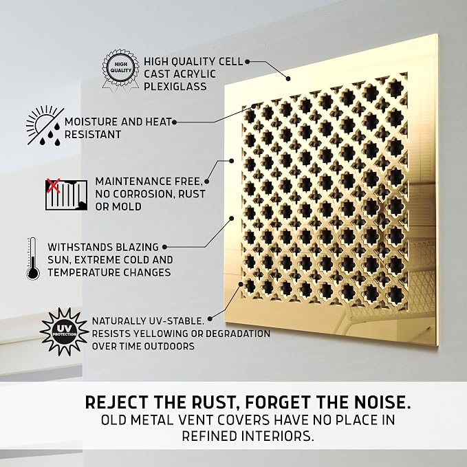 Air Vent Cover Grille - Acrylic Fiberglass 8 x 8 Duct Opening (10 x 10 Overall) Gold Mirror Finish Return Register Covers for