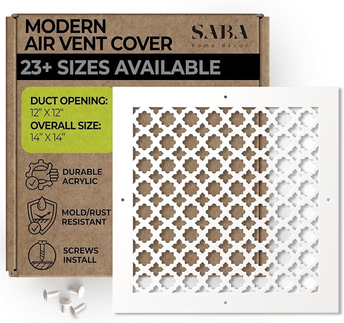 Air Vent Cover Grille - Acrylic Plexiglass 12 x 12 Duct Opening, 14 x 14 Overall White Finish Decorative Covers