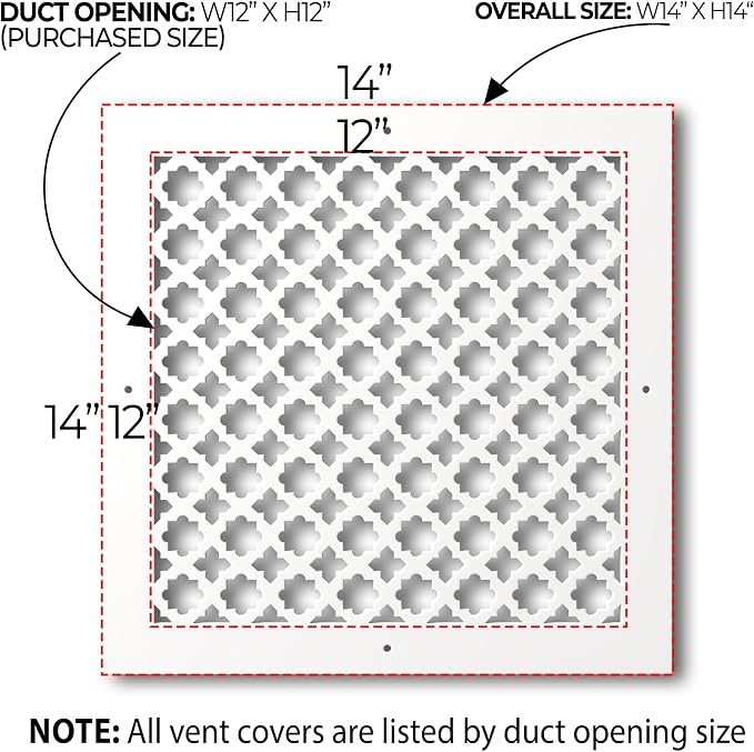 Air Vent Cover Grille - Acrylic Plexiglass 12 x 12 Duct Opening, 14 x 14 Overall White Finish Decorative Covers, alternate