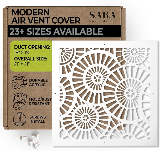 Air Vent Cover Grille - Acrylic Plexiglass 18" x 18" Duct Opening (21" x 21" Overall) White Finish Decorative