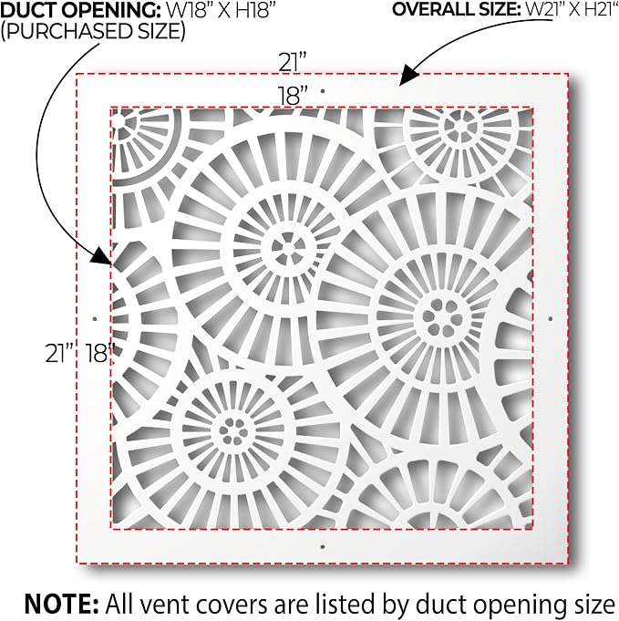 Air Vent Cover Grille - Acrylic Plexiglass 18" x 18" Duct Opening (21" x 21" Overall) White Finish Decorative, alternate view