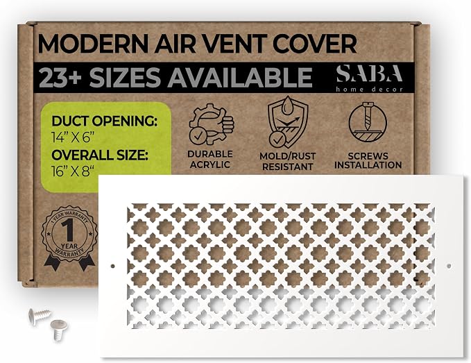 Air Vent Cover Grille - Acrylic Plexiglass 6 inch x 14 inch Duct Opening (8 inch x 16 inch Overall) White Finish