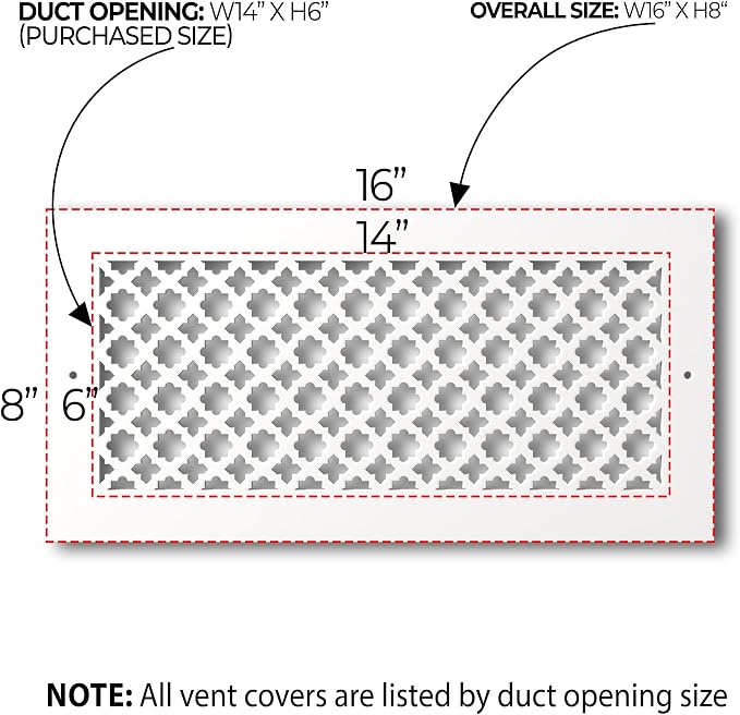 Air Vent Cover Grille - Acrylic Plexiglass 6 inch x 14 inch Duct Opening (8 inch x 16 inch Overall) White Finish, alternate