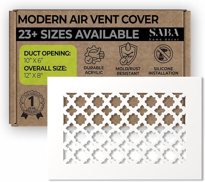 Air Vent Cover Grille - Acrylic Plexiglass 6 x 10 Duct Opening, 8 x 12 Overall White Finish Decorative Covers
