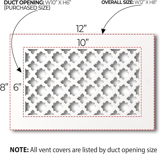 Air Vent Cover Grille - Acrylic Plexiglass 6 x 10 Duct Opening, 8 x 12 Overall White Finish Decorative Covers, alternate view