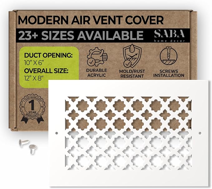 Air Vent Cover Grille - Acrylic Plexiglass 6 x 10 with Screws Duct Opening, 8 x 12 Overall White Finish