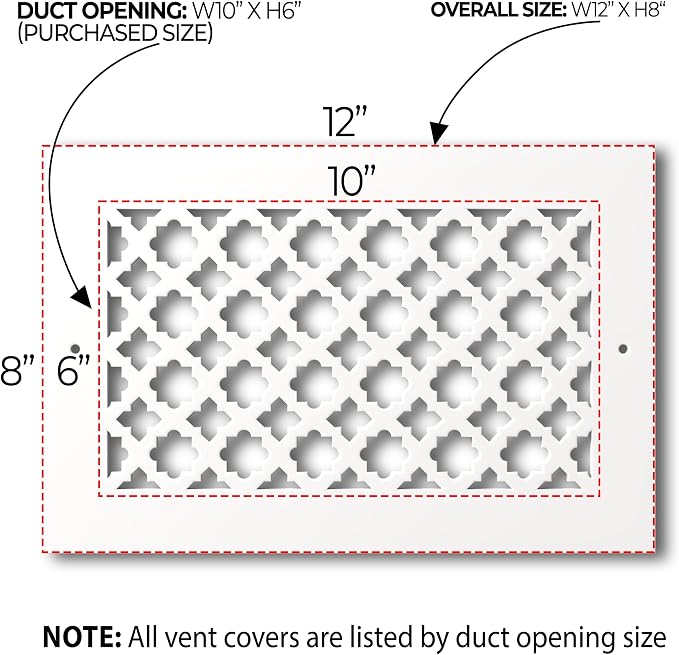 Air Vent Cover Grille - Acrylic Plexiglass 6 x 10 with Screws Duct Opening, 8 x 12 Overall White Finish, alternate view 2