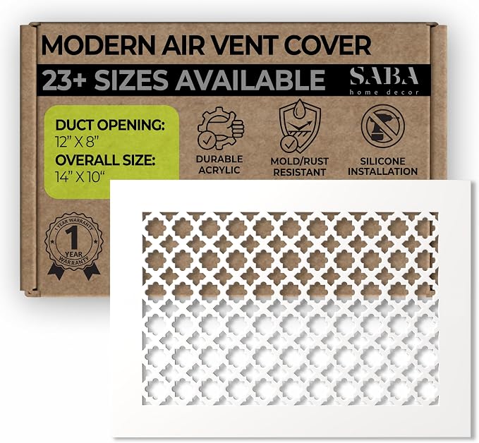 Air Vent Cover Grille - Acrylic Plexiglass 8" x 12" Duct Opening, 10" x 14" Overall White Finish Decorative