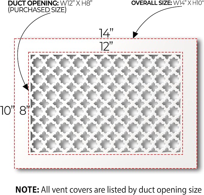 Air Vent Cover Grille - Acrylic Plexiglass 8" x 12" Duct Opening, 10" x 14" Overall White Finish Decorative, alternate view 2