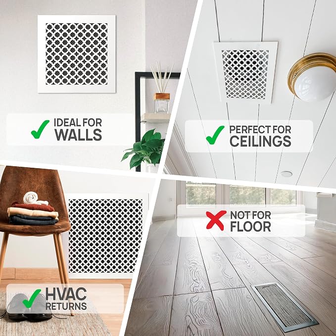 Air Vent Cover Grille - Acrylic Plexiglass 8" x 12" Duct Opening, 10" x 14" Overall White Finish Decorative, alternate view 4