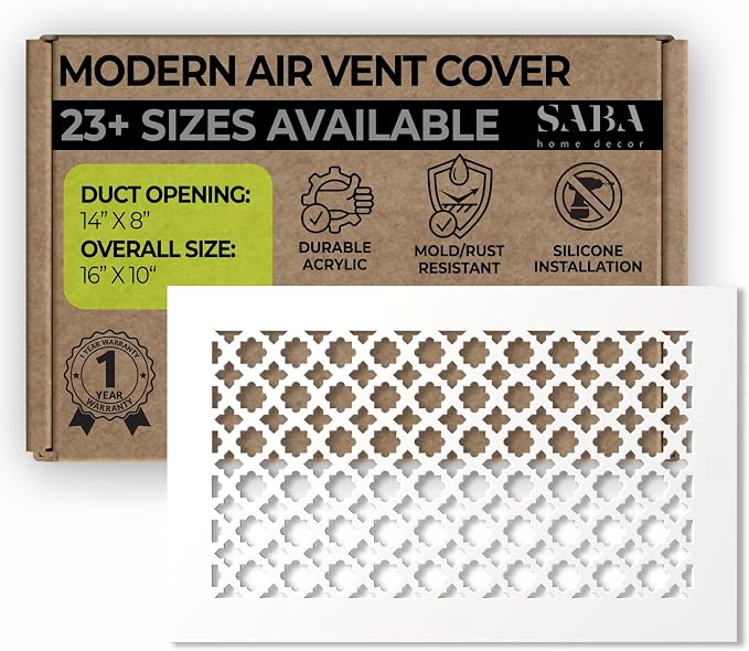 Air Vent Cover Grille - Acrylic Plexiglass 8 x 14 Duct Opening, 10 x 16 Overall White Finish Decorative Covers
