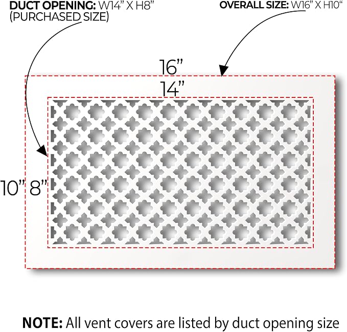 Air Vent Cover Grille - Acrylic Plexiglass 8 x 14 Duct Opening, 10 x 16 Overall White Finish Decorative Covers, alternate