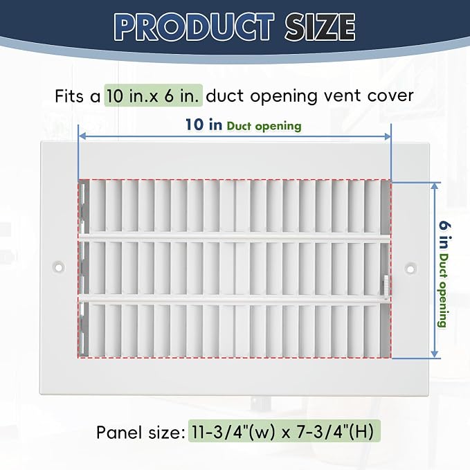Air Vent Covers for Wall or Ceiling, 10 x 6 Inch Duct Opening, Two-Way Ventilation Register, Steel HVAC Register Cover, AC