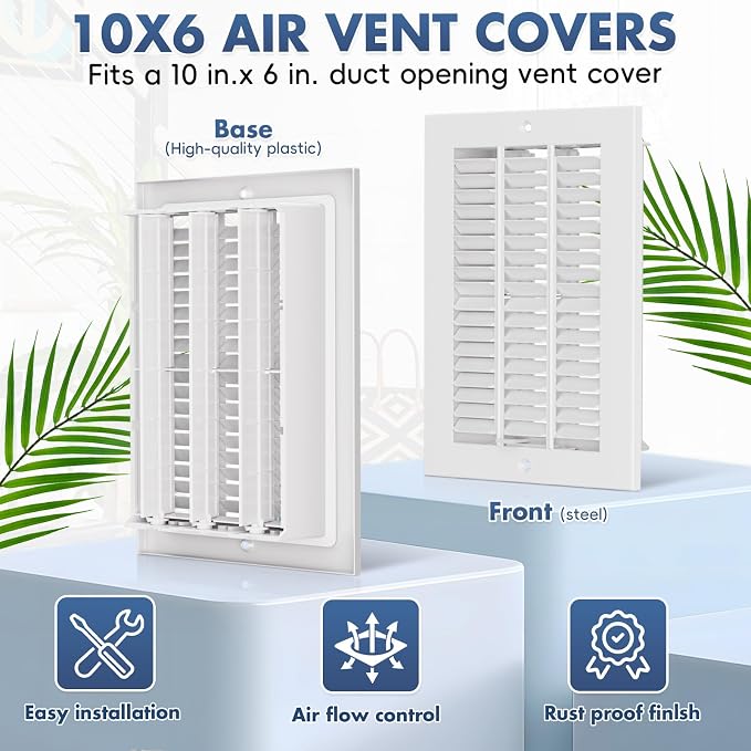 Air Vent Covers for Wall or Ceiling, 10 x 6 Inch Duct Opening, Two-Way Ventilation Register, Steel HVAC Register Cover, AC