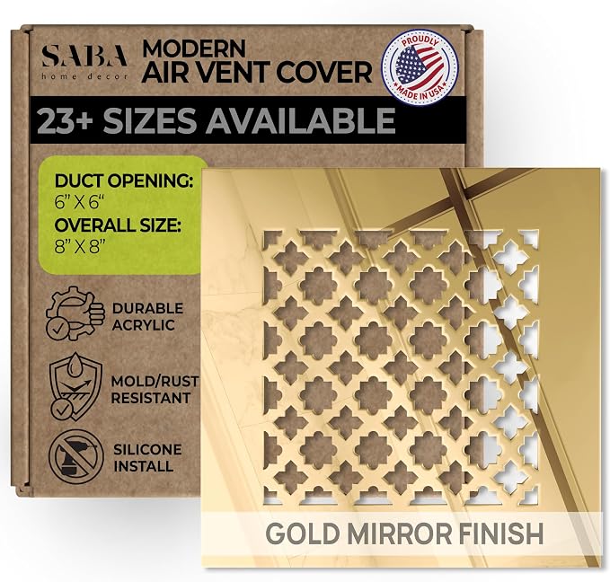 Air Vent Covers Register - Acrylic Fiberglass Grille 6 x 6 Duct Opening (8 x 8 Overall) Gold Mirror Finish
