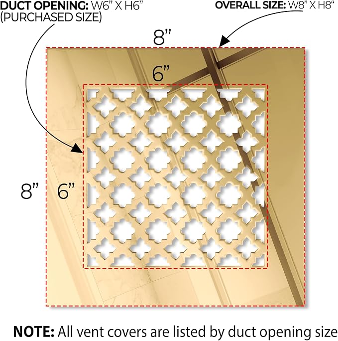 Air Vent Covers Register - Acrylic Fiberglass Grille 6 x 6 Duct Opening (8 x 8 Overall) Gold Mirror Finish, alternate view 2