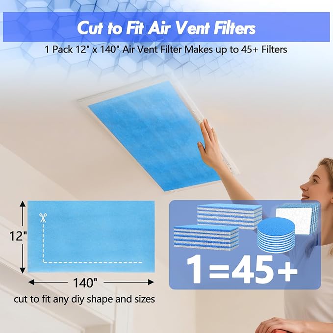 Air Vent Filter Kit - 12" x 140" Cut to Fit Air Filter Materials MERV 8 Electrostatic Media Roll for Home Floor, Ceiling, AC