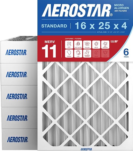 16x25x4 MERV 11 - 6 Count - Pleated HVAC, Furnace & Air Conditioner Filters - Removes Dust, Lint, Mold