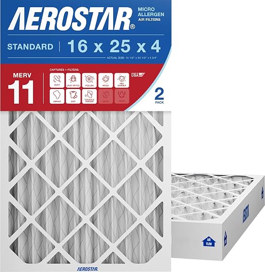 16x25x4 MERV 11 Pleated Air Filter, 2 Pack Set of HVAC Furnace Filters, Electrostatic MPR 1000-1200 & FPR