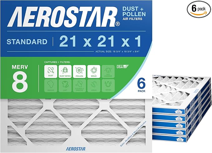 21x21x1 MERV 8 Pleated Air Filter, AC Furnace Air Filter, 6 Pack (Actual Size: 20 7/8" x 20 7/8" x 3/4")