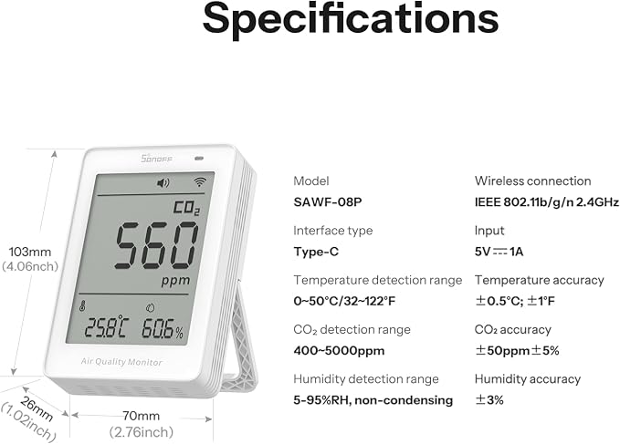 AirGuard CO2, Smart Indoor Air Quality Monitor, Matter Compatible, 2.4GHz WiFi, Carbon Dioxide Detector for