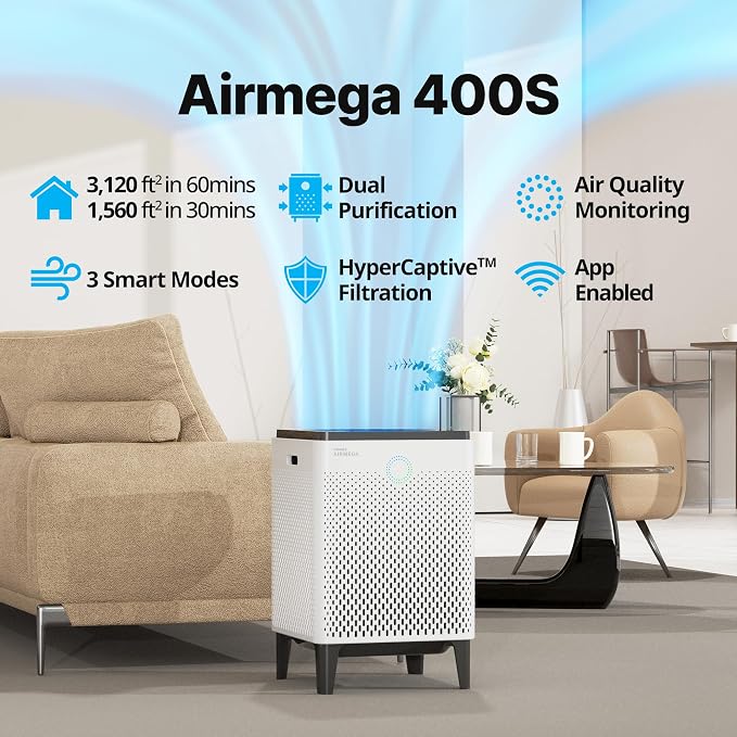 Airmega 400S App-Enabled Smart Air Purifier (Covers 1,560 sq. ft.), True HEPA Air Purifier with Smart Technology, Compatible