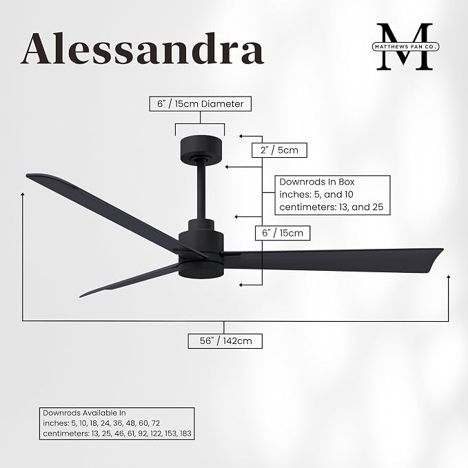 AK-BK-BK-56 Alessandra Wet Rated Downrod Mount 56" Ceiling Fan without Light, Remote Included, DC Motor, Matte Black