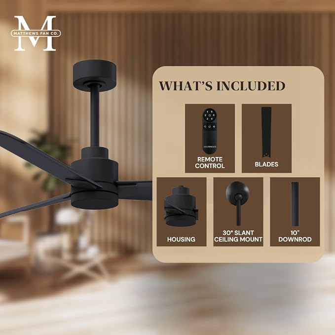 AK-BK-BK-56 Alessandra Wet Rated Downrod Mount 56" Ceiling Fan without Light, Remote Included, DC Motor, Matte Black