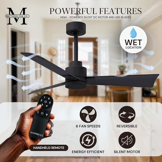 AK-BK-BK-56 Alessandra Wet Rated Downrod Mount 56" Ceiling Fan without Light, Remote Included, DC Motor, Matte Black