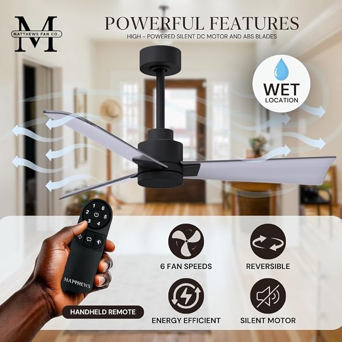 AK-BK-BN-56 Alessandra Wet Rated 56" Ceiling Fan without Light, Remote Included, Silent DC Motor, Matte Black, alternate view