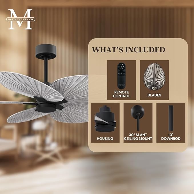 AK-BK-BW-42 Alessandra Wet Rated 42" Ceiling Fan without Light, Remote Included, Silent DC Motor, Matte Black with Barn Wood