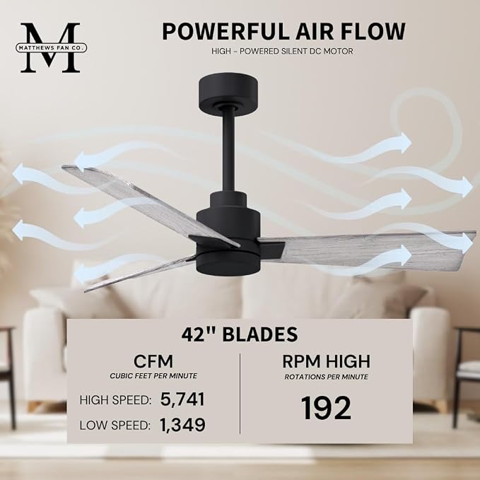 AK-BK-BW-42 Alessandra Wet Rated 42" Ceiling Fan without Light, Remote Included, Silent DC Motor, Matte Black with Barn Wood