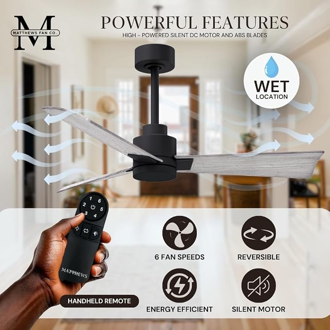AK-BK-BW-72 Alessandra Wet Rated 72" Ceiling Fan without Light, Remote Included, Silent DC Motor, Matte Black with Barn Wood