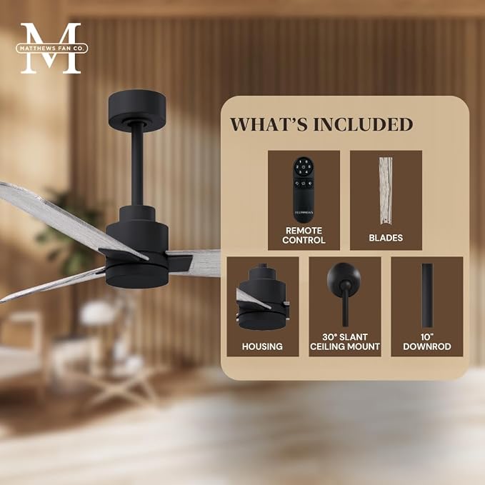 AK-BK-BW-72 Alessandra Wet Rated 72" Ceiling Fan without Light, Remote Included, Silent DC Motor, Matte Black with Barn Wood