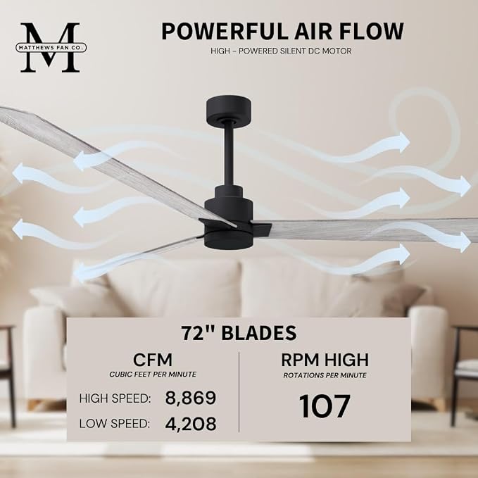 AK-BK-BW-72 Alessandra Wet Rated 72" Ceiling Fan without Light, Remote Included, Silent DC Motor, Matte Black with Barn Wood