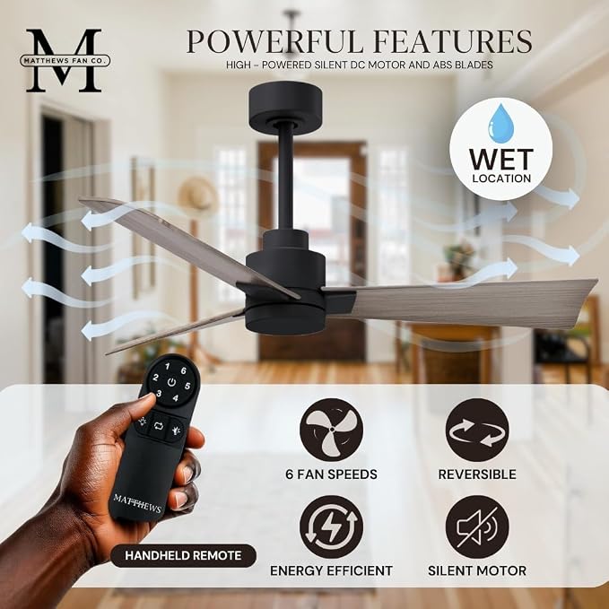 AK-BK-GA-42 Alessandra Wet Rated Downrod Mount 42" Ceiling Fan without Light, Remote Included, 3 Gray Ash ABS Blades, Matte